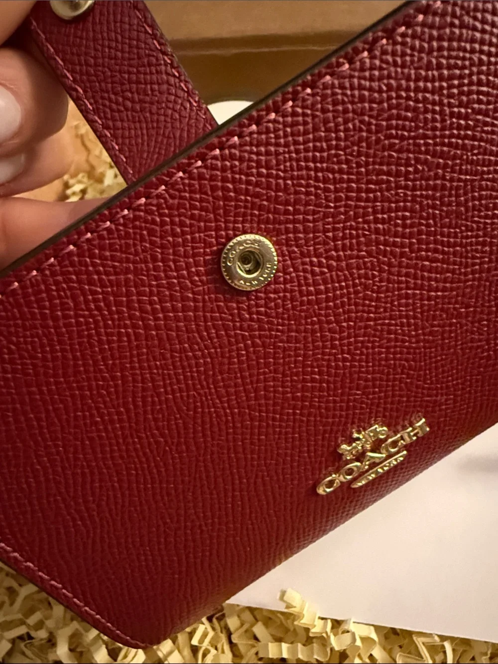 Coach Red Saffiano Leather Snap Wallet with Gold Logo